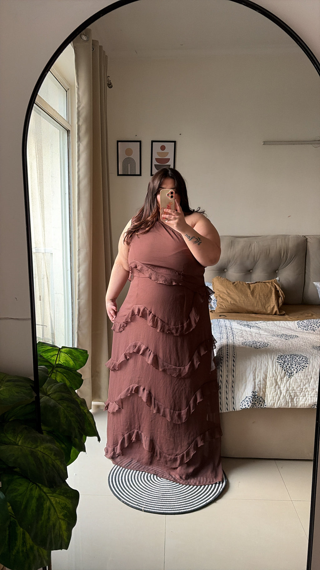 Mocha romance one shoulder dress