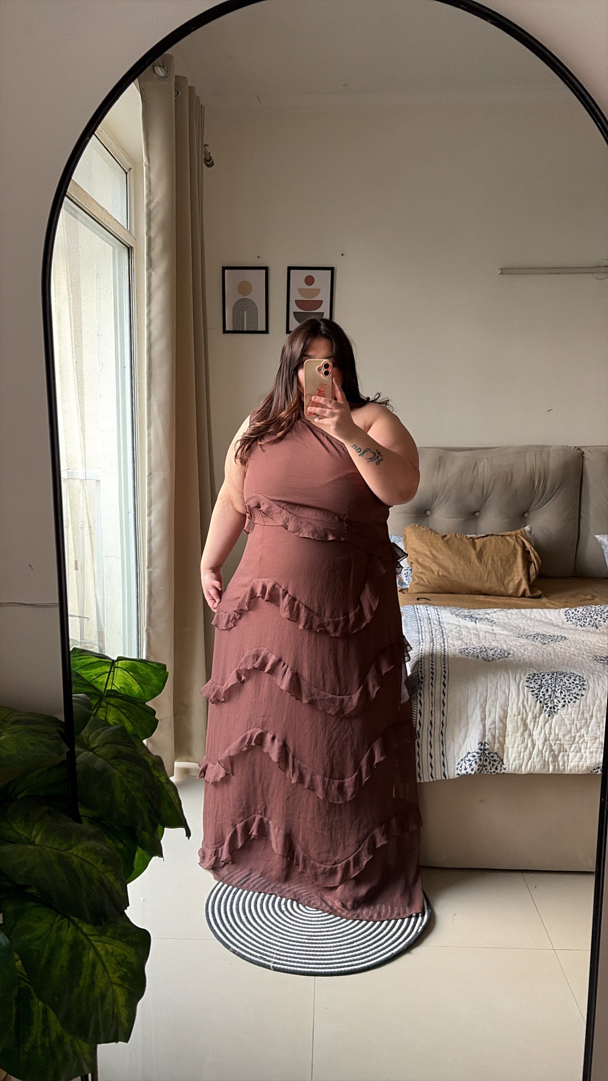 Mocha romance one shoulder dress