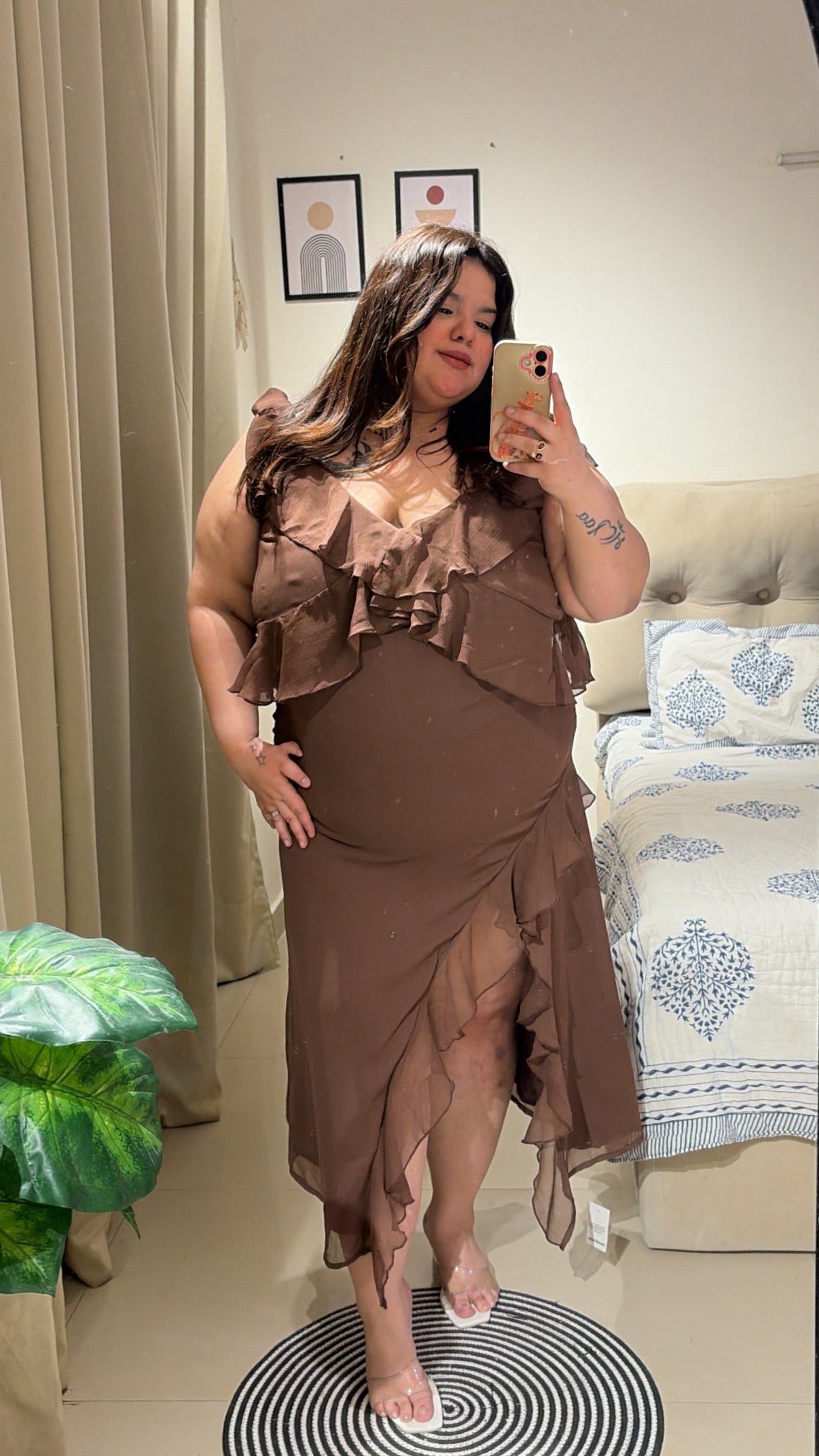 Mocha Ruffle Cascade Maxi Dress