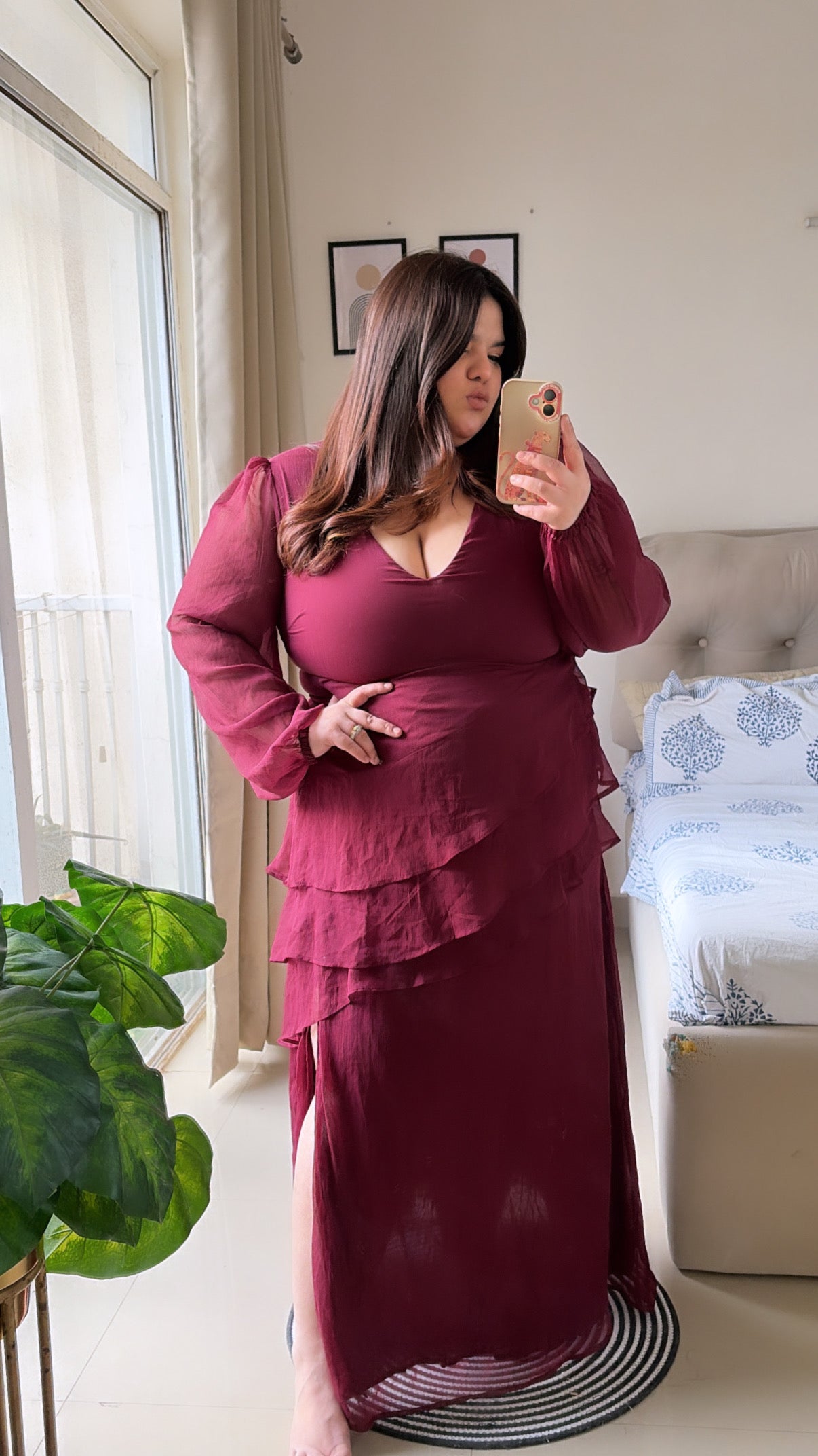 Wine Ruffle Romance Maxi Dress