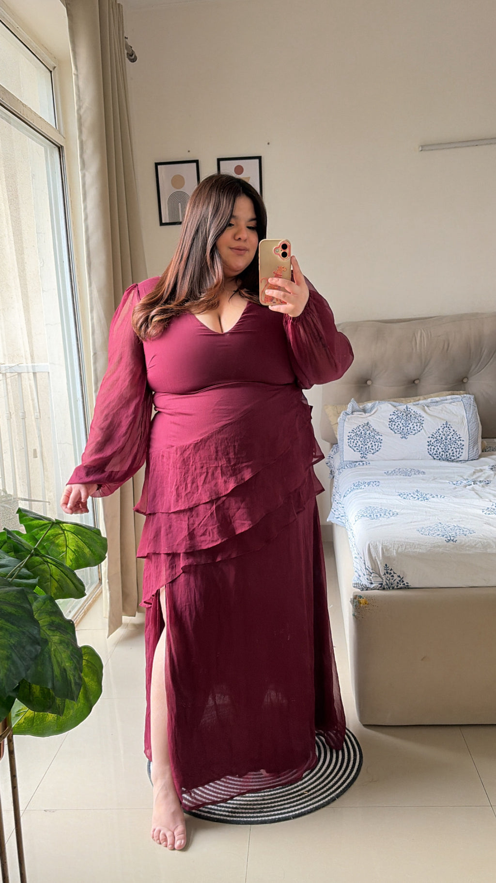 Wine Ruffle Romance Maxi Dress
