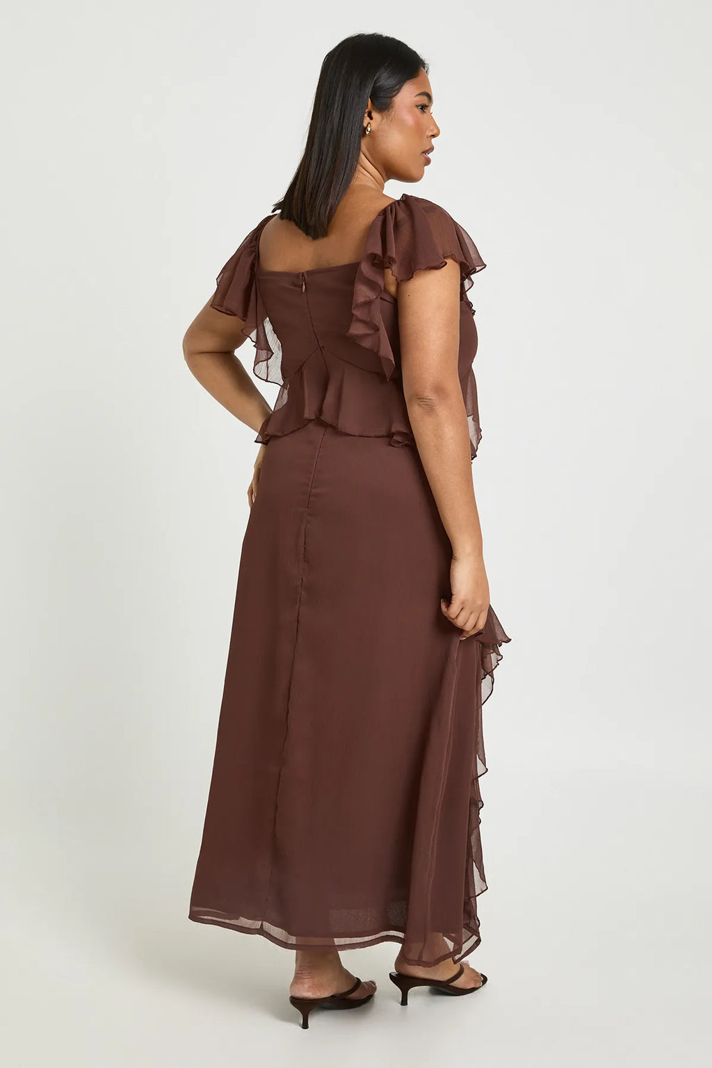 Mocha Ruffle Cascade Maxi Dress