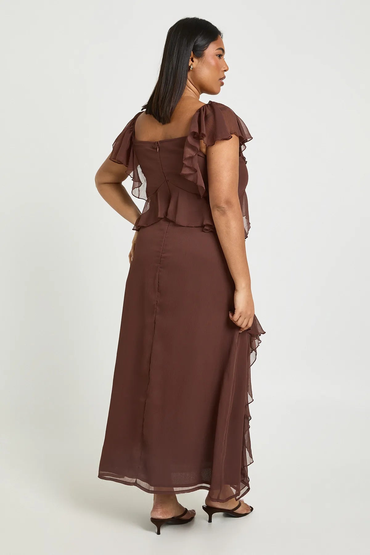 Mocha Ruffle Cascade Maxi Dress