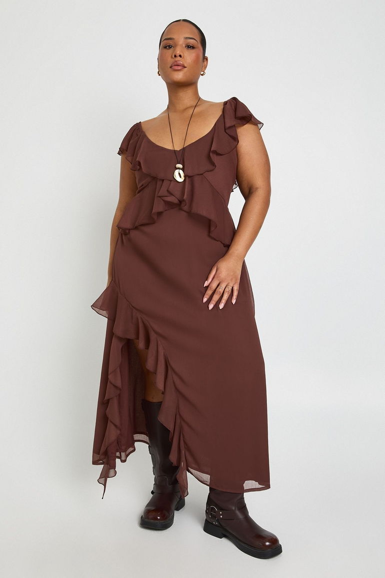 Mocha Ruffle Cascade Maxi Dress