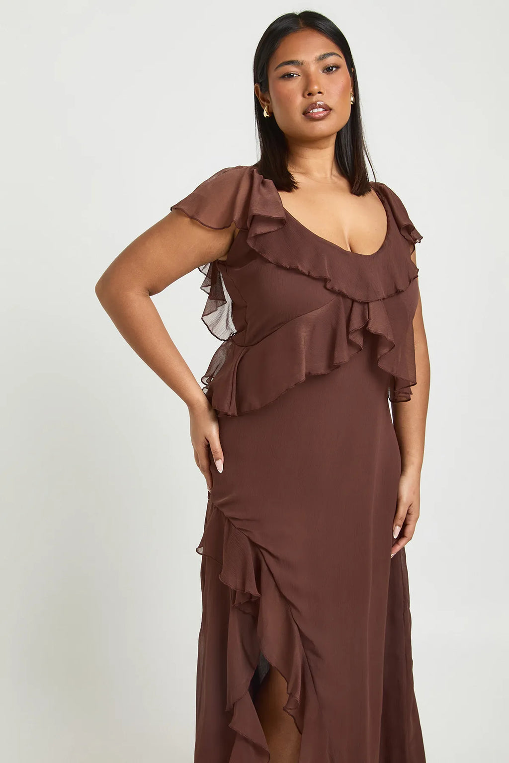 Mocha Ruffle Cascade Maxi Dress