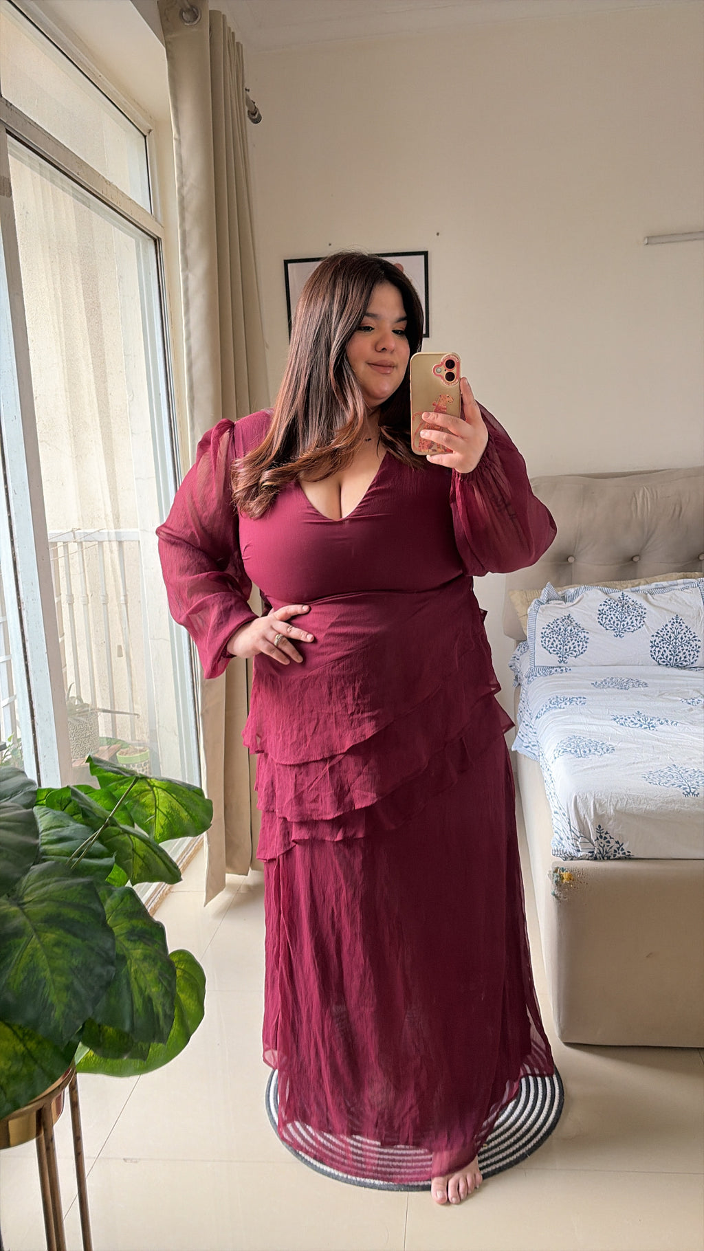 Wine Ruffle Romance Maxi Dress
