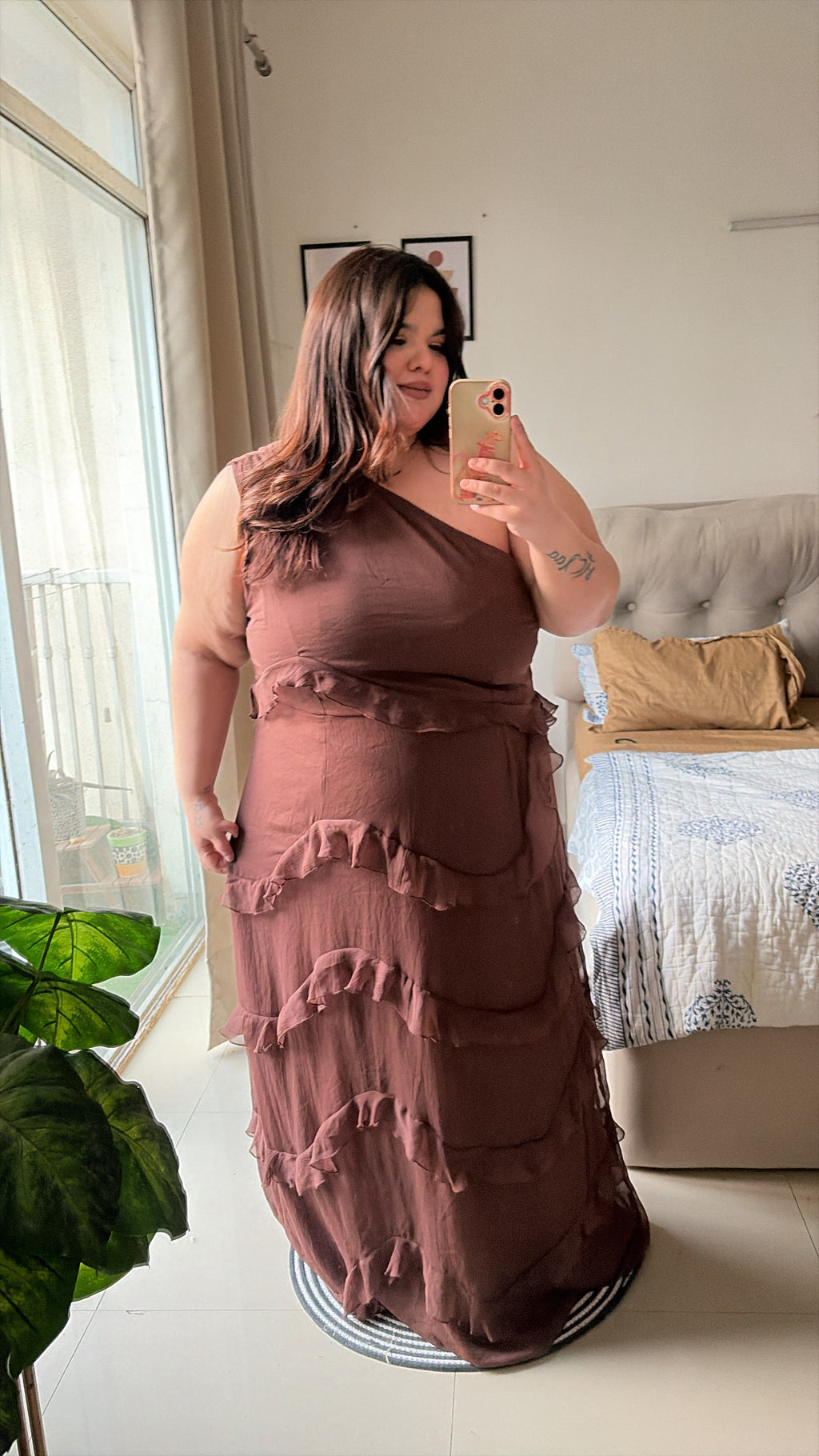 Mocha romance one shoulder dress
