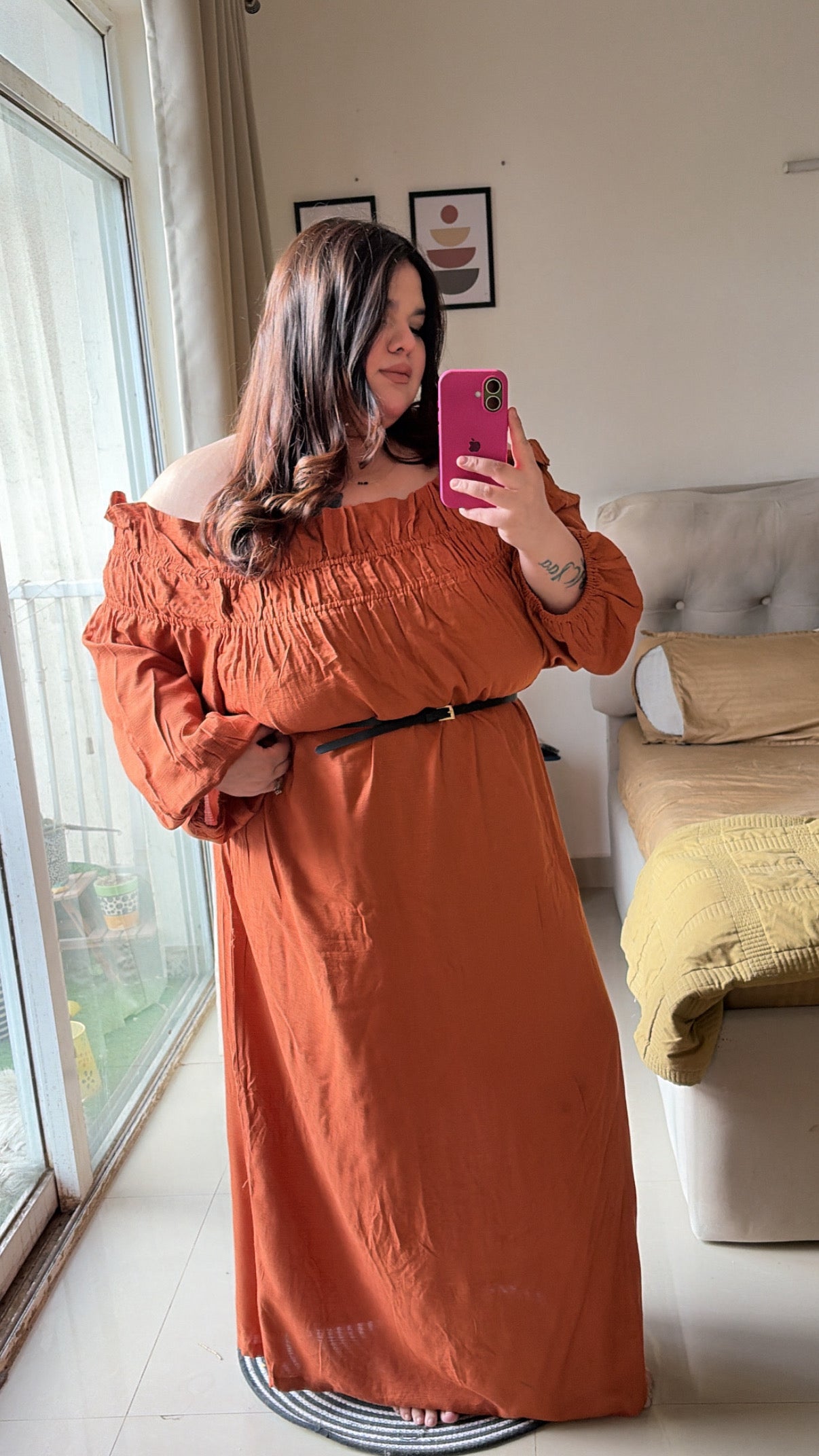 🍊 Tangerine Off-Shoulder Maxi Dress ( without belt )