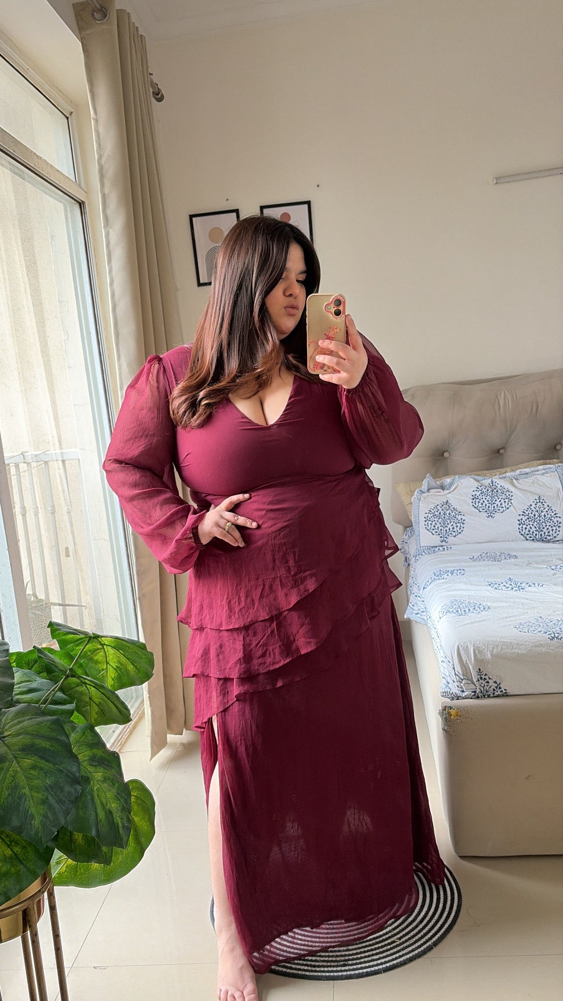 Wine Ruffle Romance Maxi Dress