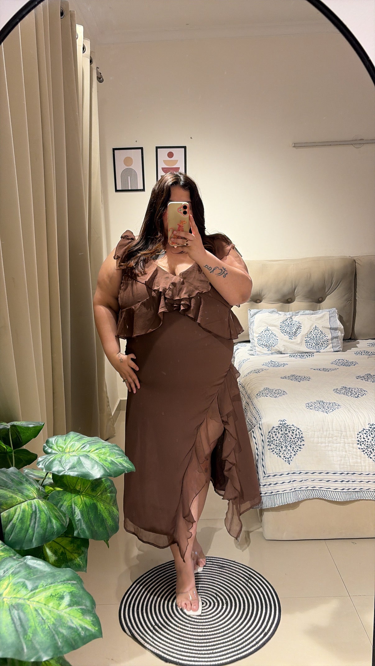 Mocha Ruffle Cascade Maxi Dress