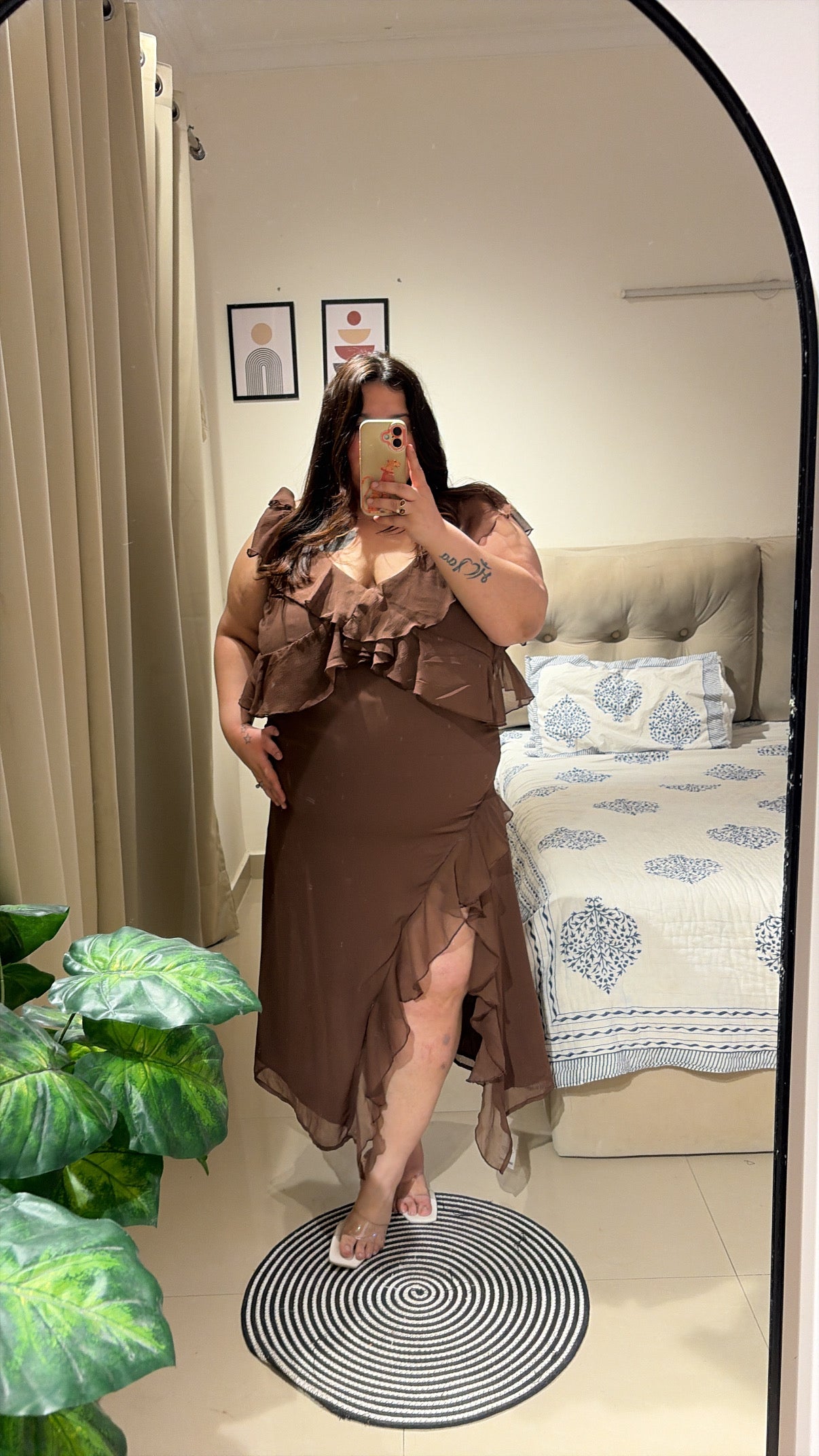 Mocha Ruffle Cascade Maxi Dress