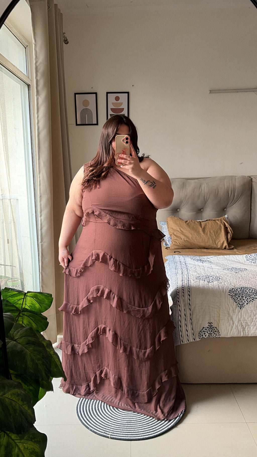 Mocha romance one shoulder dress