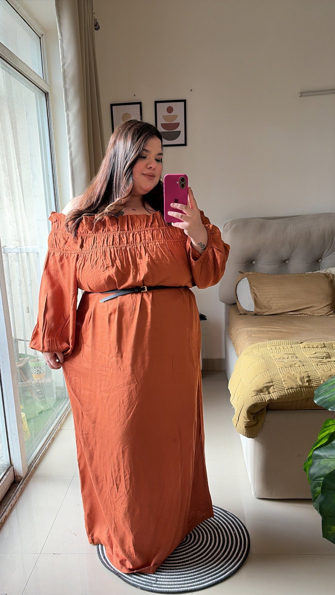 🍊 Tangerine Off-Shoulder Maxi Dress ( without belt )