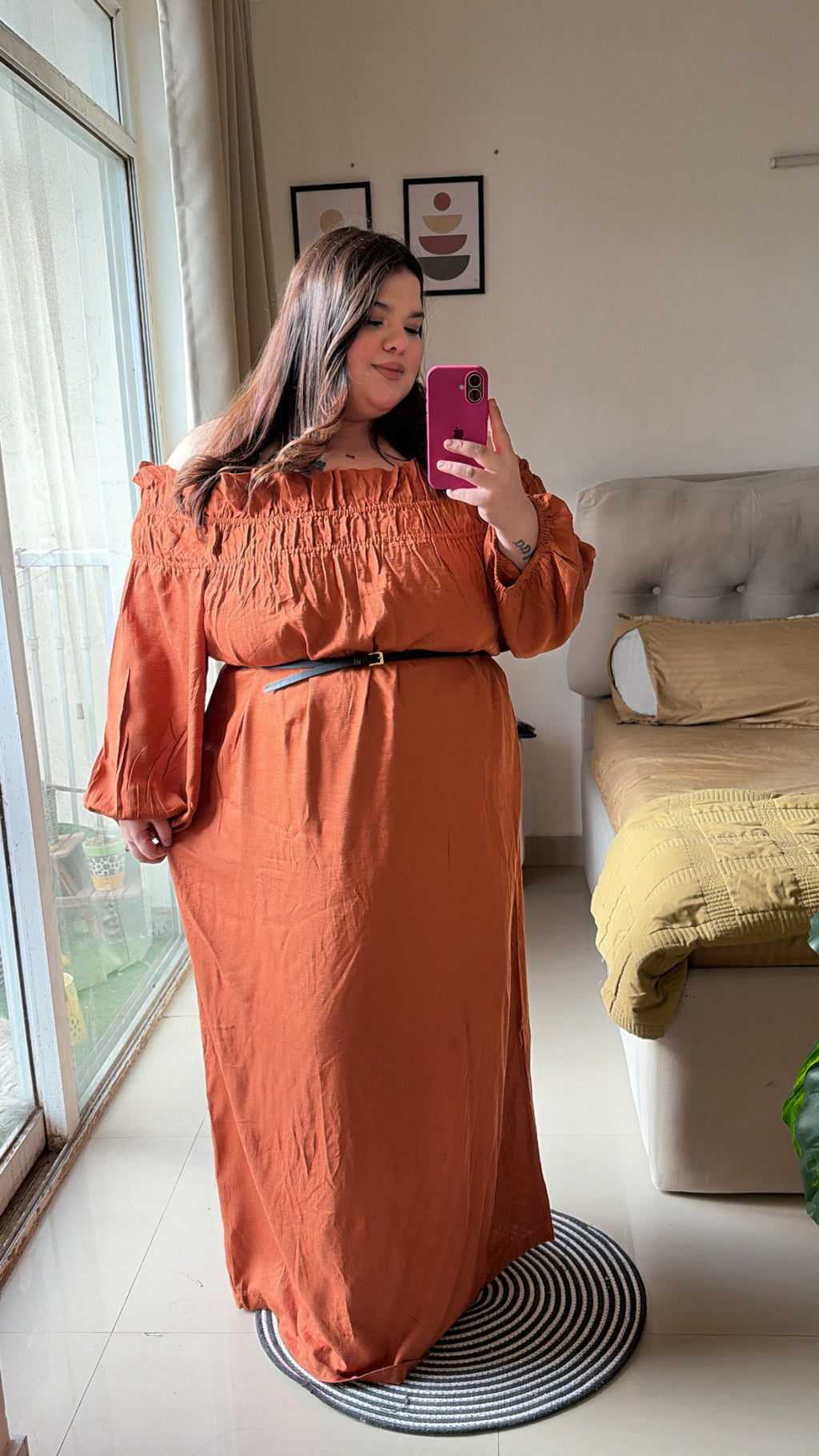 🍊 Tangerine Off-Shoulder Maxi Dress ( without belt )