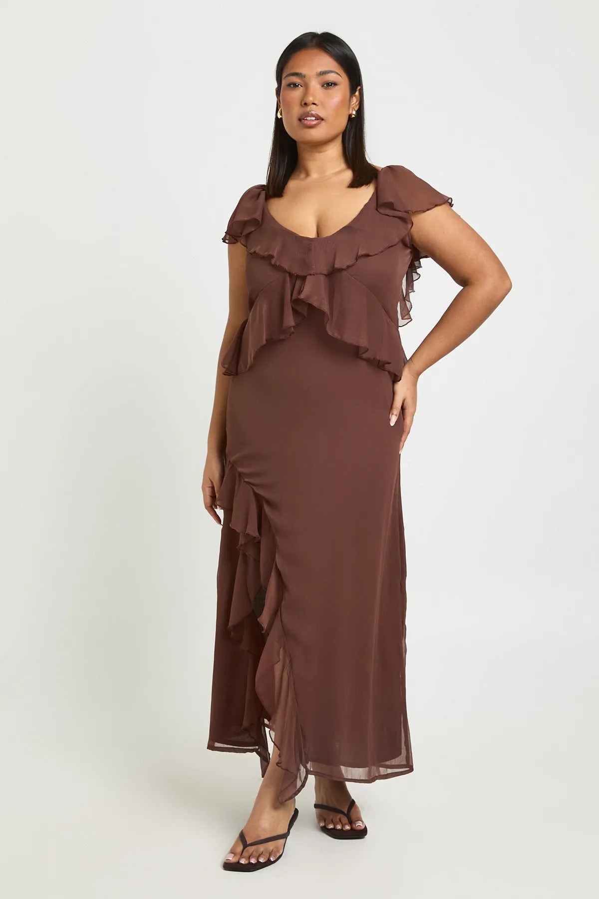 Mocha Ruffle Cascade Maxi Dress