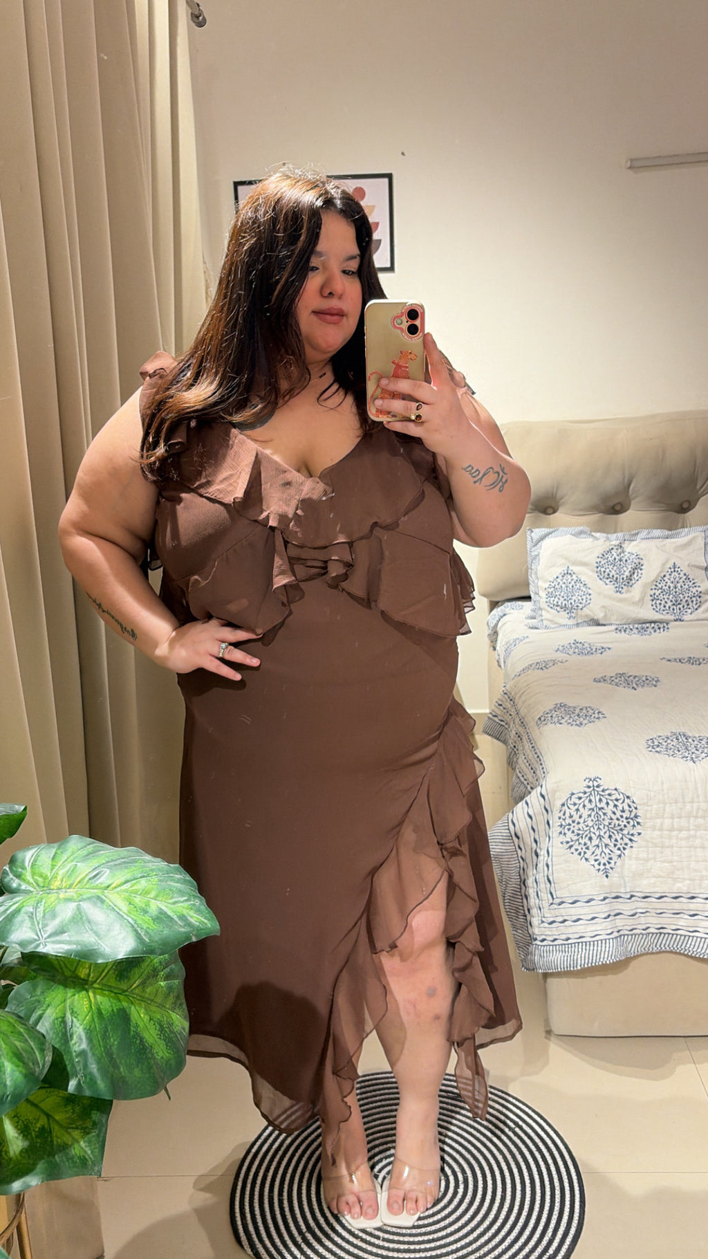 Mocha Ruffle Cascade Maxi Dress