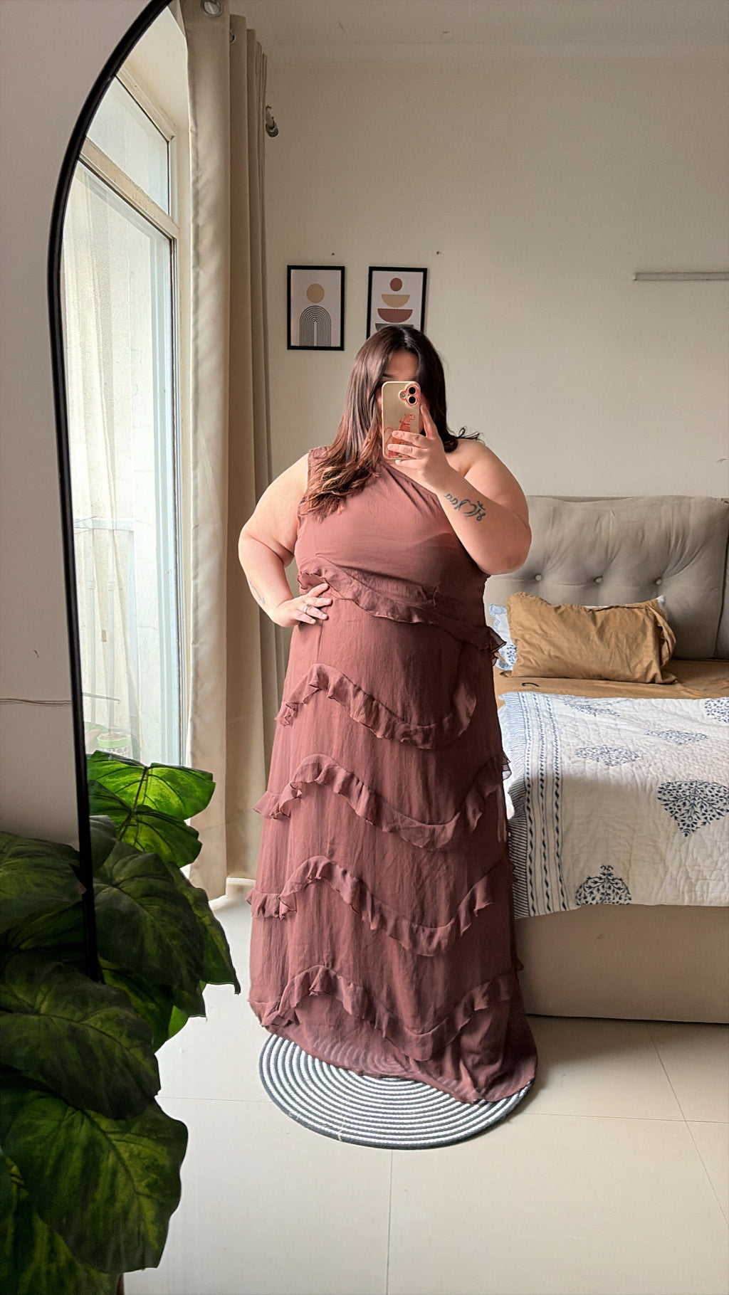 Mocha romance one shoulder dress