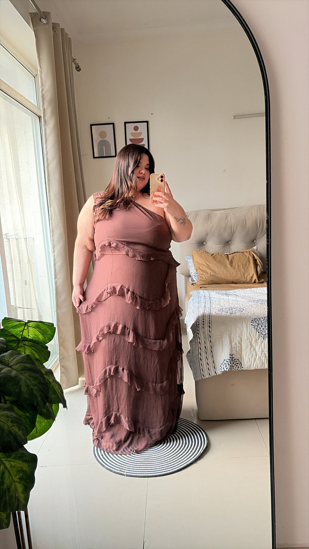 Mocha romance one shoulder dress