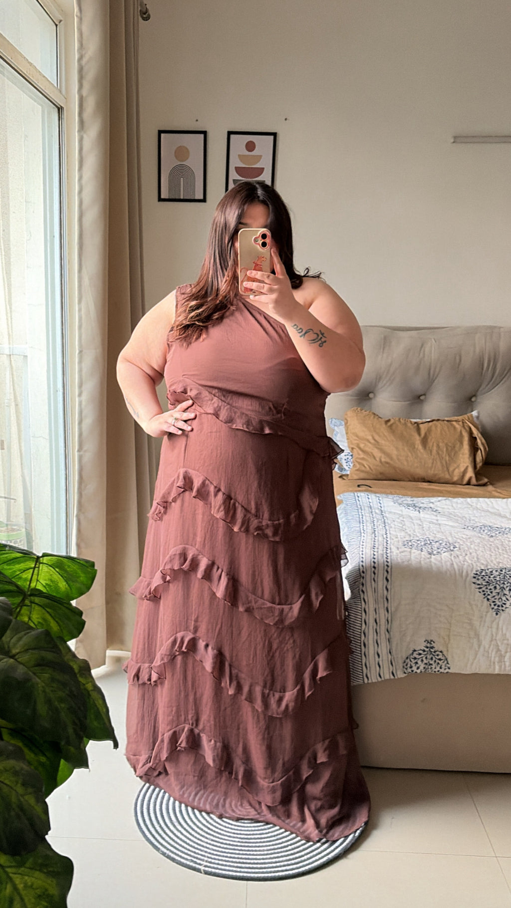 Mocha romance one shoulder dress