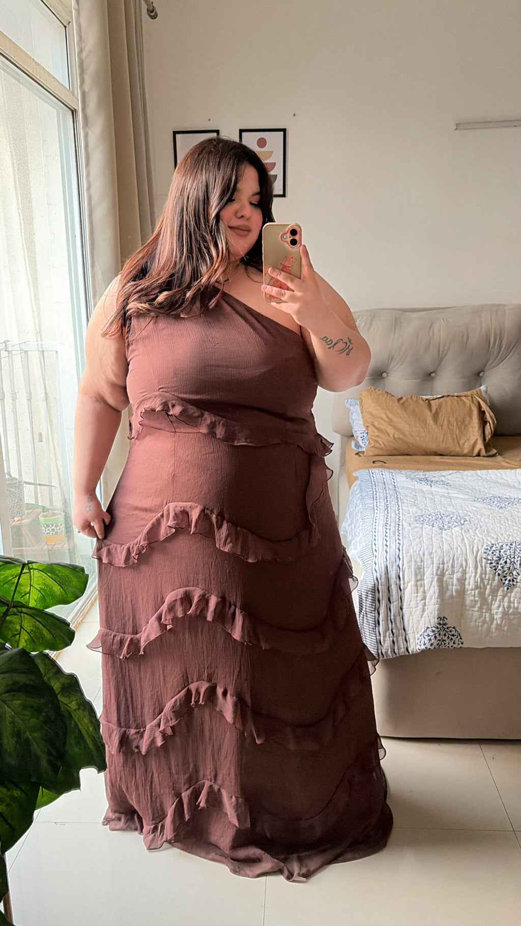 Mocha romance one shoulder dress