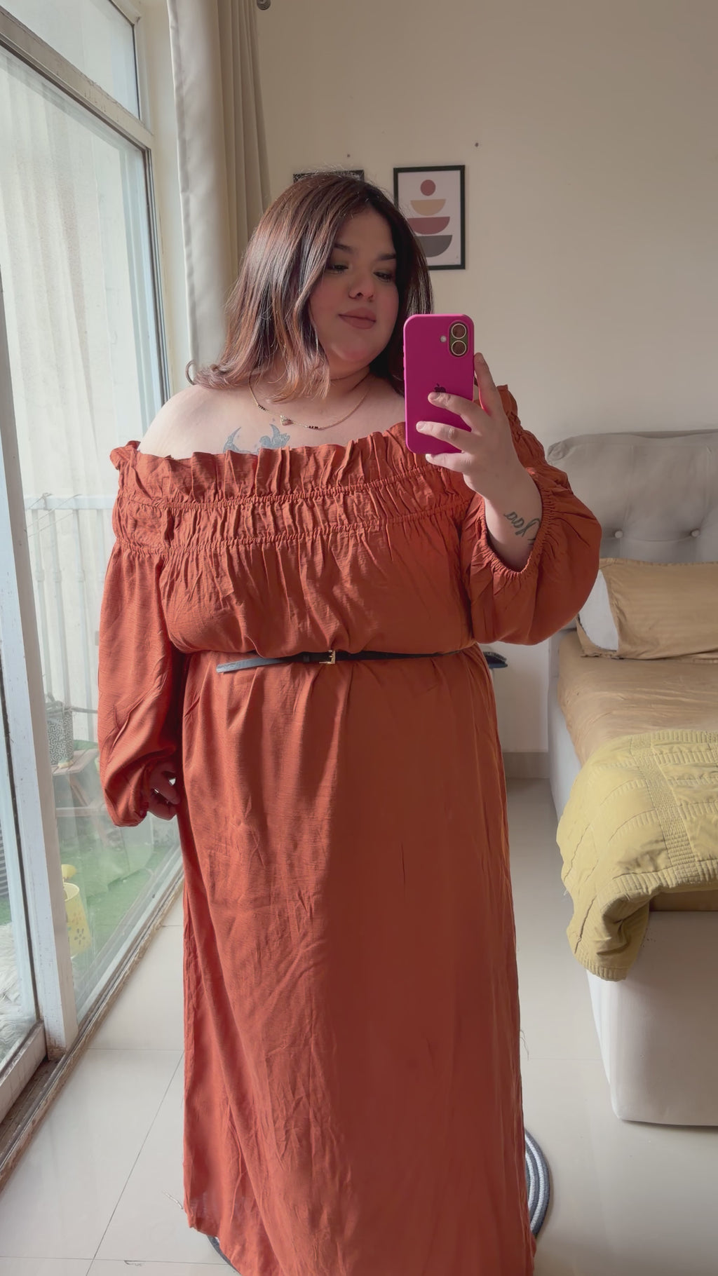 🍊 Tangerine Off-Shoulder Maxi Dress ( without belt )