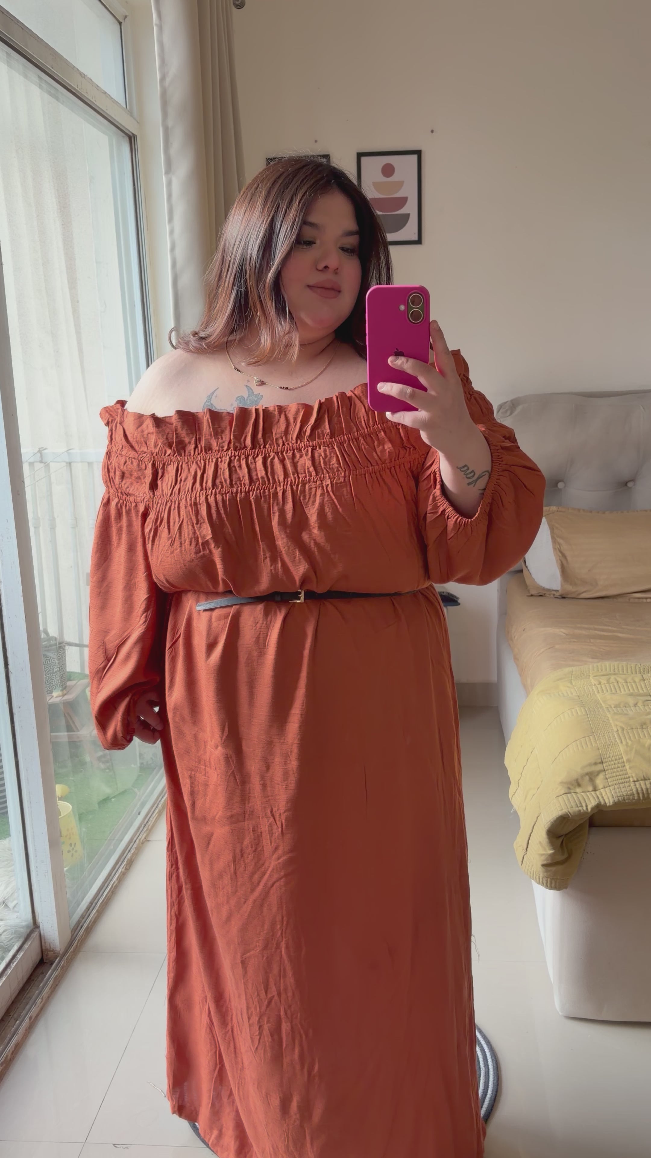 🍊 Tangerine Off-Shoulder Maxi Dress ( without belt )